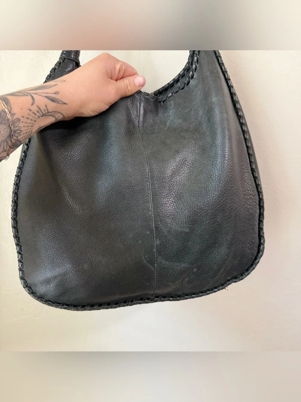 Margot NY Black Pebble Leather Slouchy Hobo Bag Braided Whipstitch Boho Tote